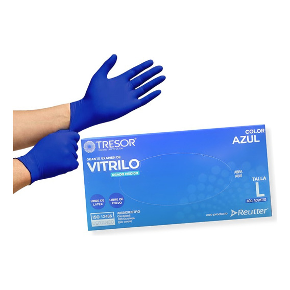  Guante Vitrilo Color Azul Tresor Grado Medico Talla L 100u