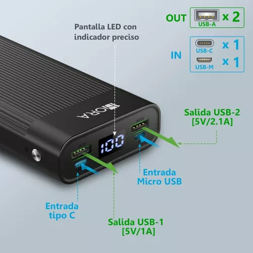 Batería externa de 3 puertos 10K + cable USB-A a USB-C - Negro
