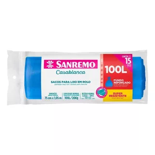 Saco De Lixo Reforçado Azul Sanremo 100 Litros Com 15 Un. Cor Azul