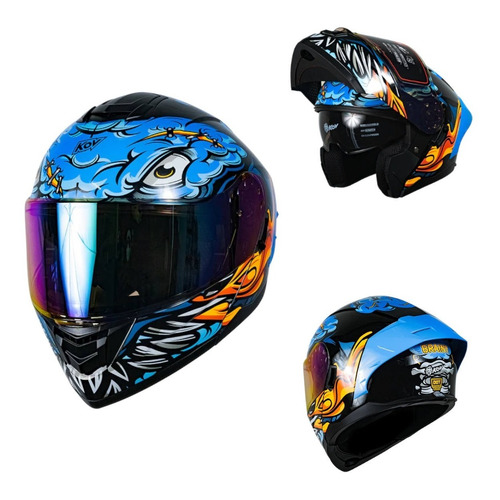 Casco Kov Abatible Rush Brainy Azul Moto Certificado Dot Talla L