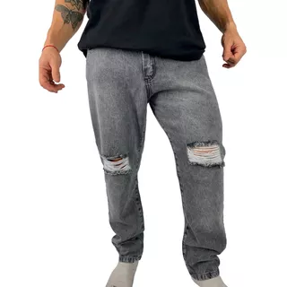 Jeans Revston Mom Roturas Lisos Hombre Nuevo Gris