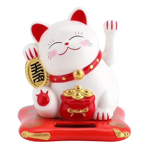 Lucky and Fortune Cat Maneki Neko, energía solar decorativa, color blanco y rojo