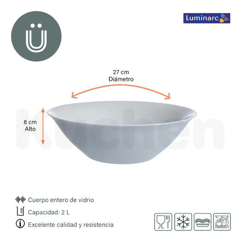 Ensaladera Bowl Luminarc Carine Vidrio Templado Blanco 27 Cm Color Gris