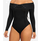 Body Manga Longa Feminino Preto Ombro A Ombro