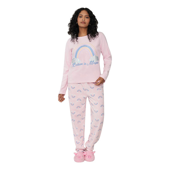 Pijama Mujer Polar Básico Rosado Arcoiris Corona