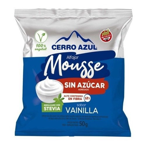 12 Alfajor Chocolate Mousse Vainilla S/ Azucar Cerro Azul Dw