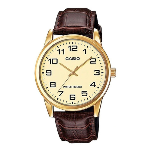Reloj pulsera Casio MTP-V001GL-7BUDF con correa de cuero color marrón - fondo dorado