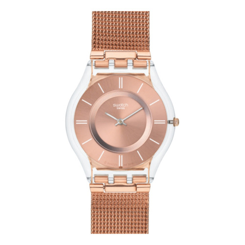 Reloj pulsera Swatch Originals Hello darling de cuerpo color transparente, analógico, para mujer, fondo rosa dorado, con correa de acero inoxidable color rosa, agujas color plateado, dial rosa, bisel color transparente y hebilla de gancho