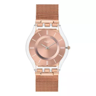 Reloj Pulsera Swatch Originals Hello Darling De Cuerpo Color Transparente, Analógico, Para Mujer, Fondo Rosa Dorado, Con Correa De Acero Inoxidable Color Rosa, Agujas Color Plateado, Dial Rosa, Bisel 