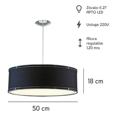Colgante 3 Luces Doble Aro Negro Cromo 50cm Apto Led 
