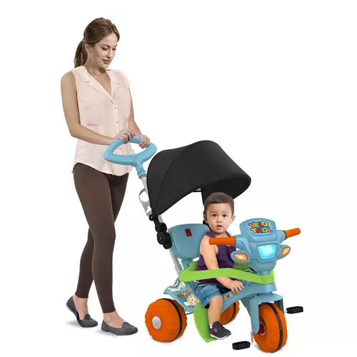 Triciclo Motinha Infantil com Capota Azul Passeio e Pedal Bel