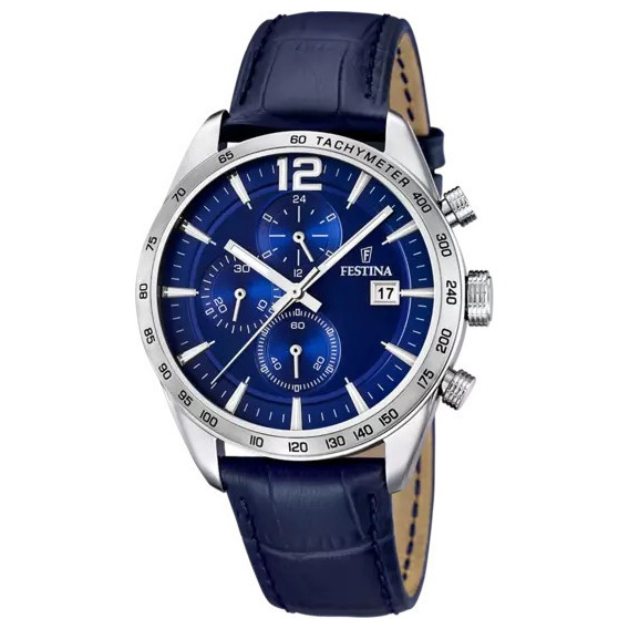 Reloj pulsera Festina F16760 con correa de cuero color azul - bisel plata