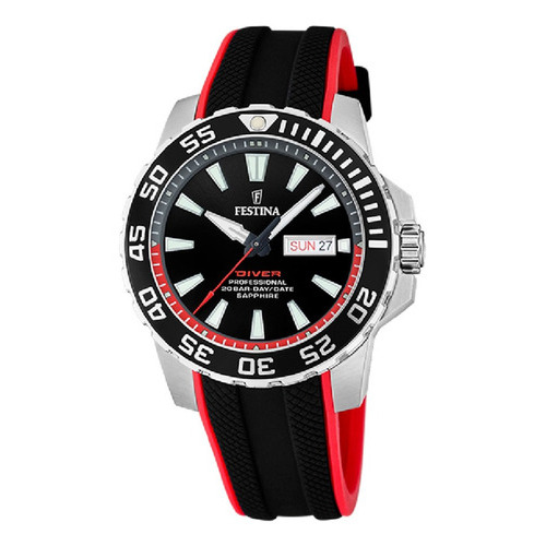 Reloj Festina F20662.3 Para Hombre Analogico Cuarzo Fechador Malla Negro/Rojo Bisel Plateado Fondo Negro