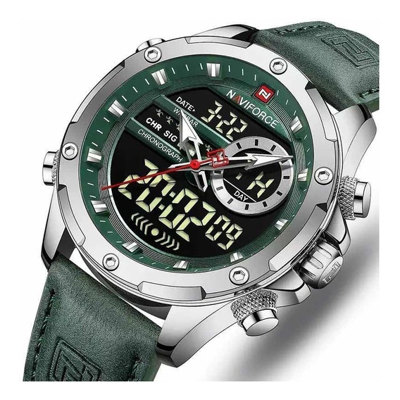 Reloj de pulsera Naviforce NF9197L de cuerpo color plateado, analógico-digital, para hombre, fondo verde y negro, con correa de cuero color verde, agujas color verde y blanco y plateado, dial blanco y