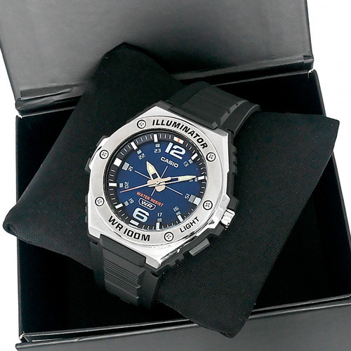Reloj Casio para hombre Iluminator MWA-100h 2av, correa azul, color negro, bisel, color plateado