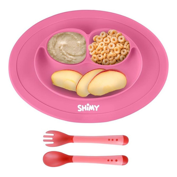 SHIMY Plato Antideslizante para Bebés y Niños con Cubiertos, Silicón de Alto Grado Alimenticio Libre de BPA, Fácil de Limpiar, Ultrarresistente, Evita Derrames y Accidentes, Color Rosa