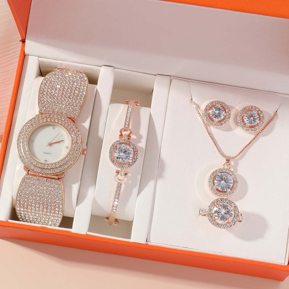 Juego De Reloj Yjoyas Para Mujer En Caja De Elegante Correa Oro/rosa