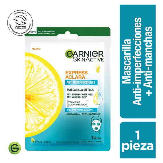 Garnier Skin Active Express Aclara Mascarilla Anti Acne 28g Momento de aplicación Día Noche Tipo de piel Propensa al acné