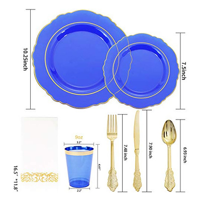 30 Guest Blue Plastic Plates With Gold Rim& Disposable 