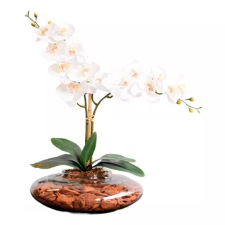 Arranjo Duas Orquídeas Artificiais Branca No Vaso De Vidro