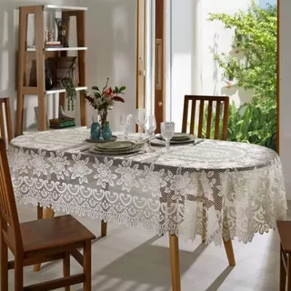 Toalha De Mesa Renda Oval Branca Rosas 6 Lugares Interlar