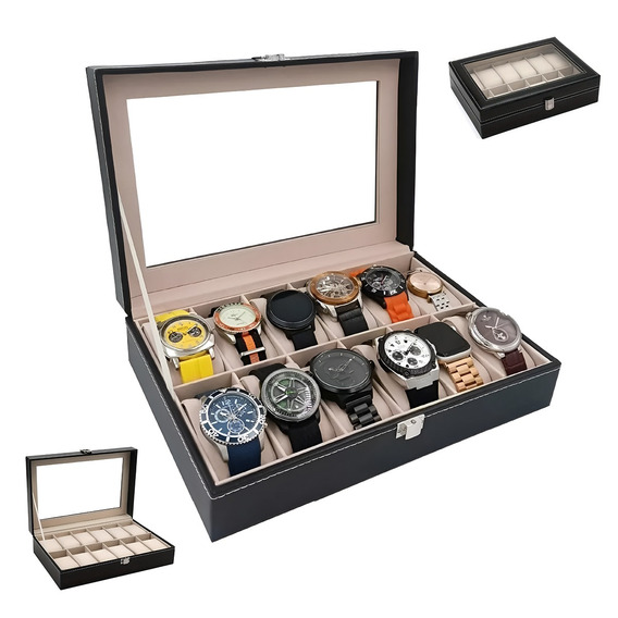 Estuche Alhajero Organizador De Relojes Y Joyas 12 Espacios Elegante, Con Almohadillas De Terciopelo, Piel  Negro-Beige