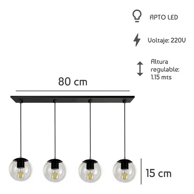 Colgante 4 Luces Globo 15cm Negro Moderno Apto Led E-27