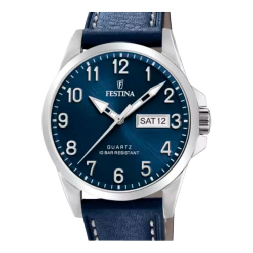 Reloj de pulsera Festina Classics F20358 de cuerpo color plata, analógico, para hombre, fondo azul, con correa de cuero color azul, agujas color plata, dial plata, minutero/segundero blanco, bisel color plata y hebilla simple