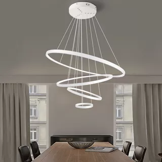 Luminária De Teto Lustre Pendente 4 Anéis Arcos Argolas Pé Direito Alto Duplo Escadas 3m De Cabo Sala Cor Branco Moderno Luz Branco Neutro 4500k Bivolt 110v 220v