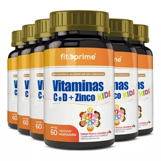 Kit 6x Vitamina C D Zinco Kids 60 Cápsulas Mastigáveis Sabor Frutas Silvestres