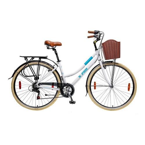 Bicicleta urbana femenina S-Pro Strada Lady DLX R28 S 7v cambios Shimano Tourney TZ50 color blanco/celeste con pie de apoyo