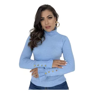 Blusa Tricot Gola Cacharrel Manga Botões Elegante Evangélica