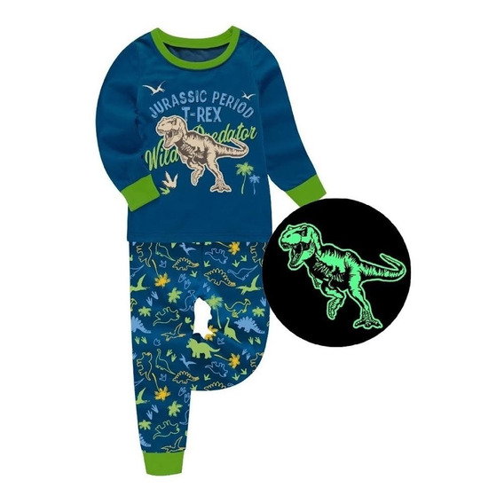 Pijama Dinosaurios T-rex Niño Brilla Oscuridad Azul Larga