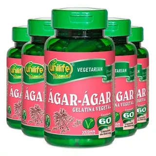 Kit 5 Ágar Ágar Gelatina Natural 60 Cápsulas Unilife Vitamin
