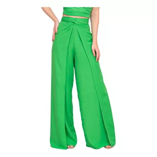 Calça Verde Jasmim Pantalona Transpassada Envelope Crepe