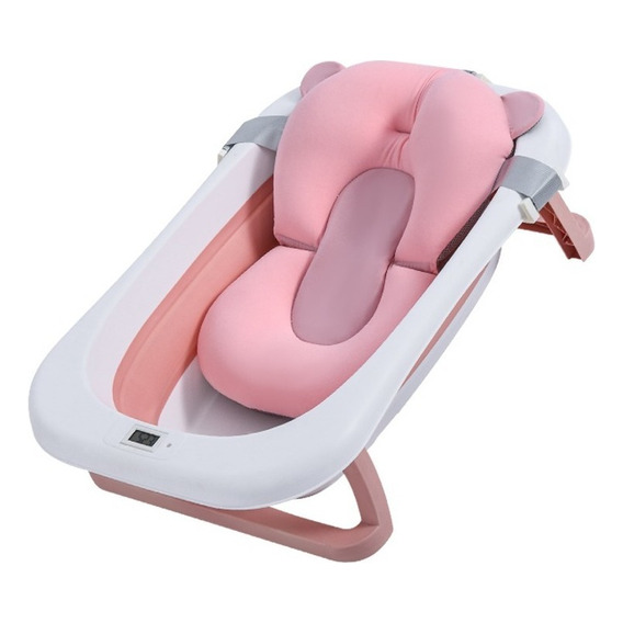 Bañera Tina Plegable Para Bebé Con Termometro + Cojín Malla Color Rosa