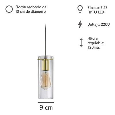 Colgante 1 Luz Dorado Deco Apto Led Cilindro Transparente 