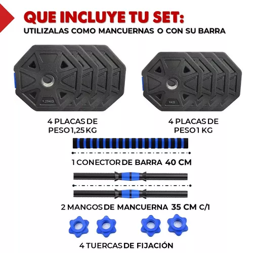 Mancuernas Ajustables Set De 10 Kg Total Fitnics 2en1 +barra Color Azul