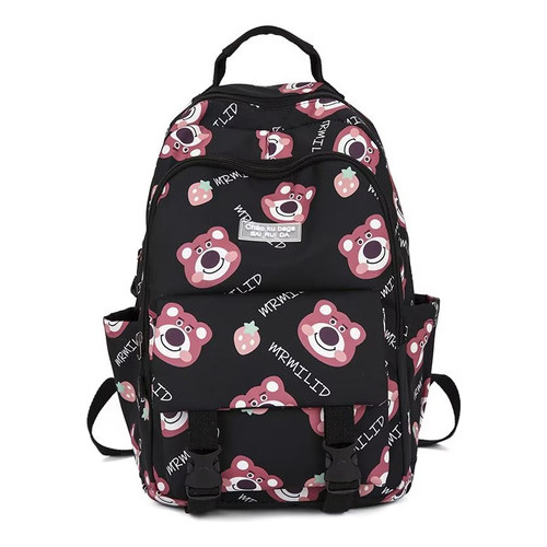 Mochila Coreana Estilo Harajuku Estampado De Oso De Fresa Color Negro Diseño De La Tela Liso