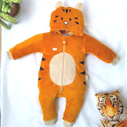 Macacão Bebê Bichinhos Tigre Plush Com Capuz E Zíper