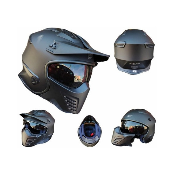 Casco Para Moto Kov Rock-o Con Mascara Certificado Dot Color Negro Tamaño del casco M (57-58 cm)