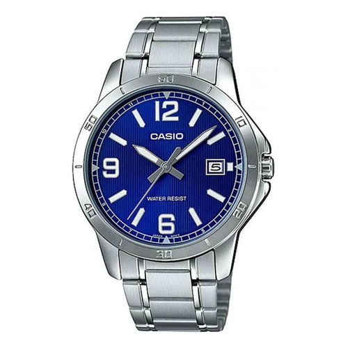 Reloj pulsera Casio MTP-V004 con correa de acero inoxidable color plateado - fondo azul