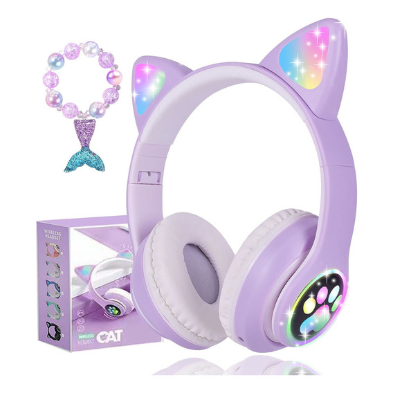 Audifonos Orejas De Gato Bluetooths 5.1 Led Diadema Ninos Color Violeta