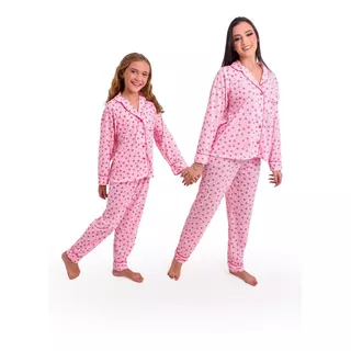 Kit Pijama Inverno Mãe E Filha Americano Longo Malha Botões