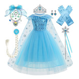 Vestido De Princesa Azul Con Accesorios Cosplay Frozen Elsa