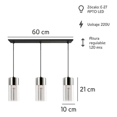 Colgante 3 Luces Gurion Cromo Cristal Moderno Apto Led Cie