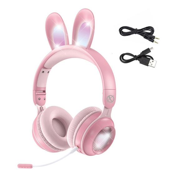 Auriculares Bluetooth Xinua Bunnybrush Luces Mic Desmontable Color Rosa