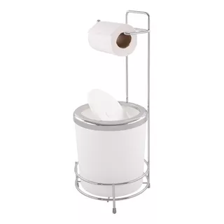 Suporte Papel Higiênico Lixeira 5l Basculante Circular Prata Cor Branco