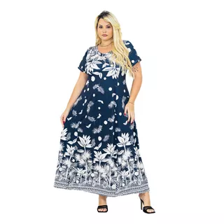 Vestido Longo Plus Size Manga Curta Roupa Feminina