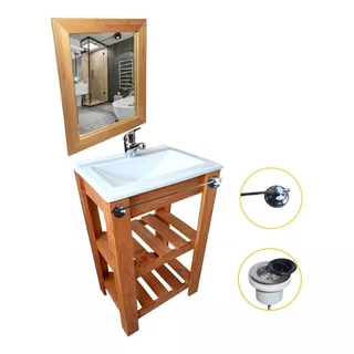 Mueble Para Baño Df Hogar Campo Pie + Bacha + Toallero + Espejo De 50cm De Ancho, 80cm De Alto Y 37cm De Profundidad, Con Bacha Color Blanco Y Mueble Cedro Con Un Agujero Para Grifería